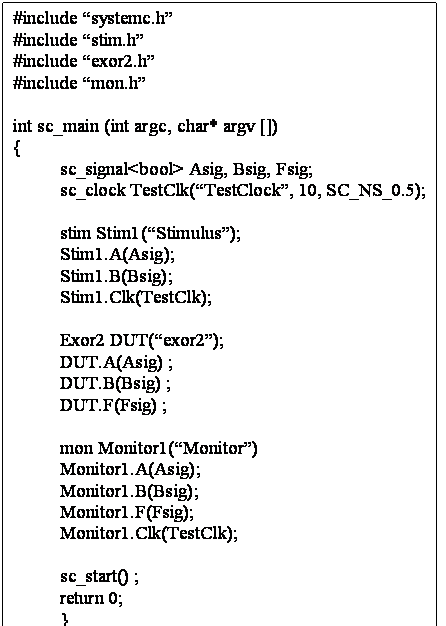 Cuadro de texto: #include �systemc.h�
#include �stim.h�
#include �exor2.h�
#include �mon.h�

int sc_main (int argc, char* argv [])
{
	sc_signal<bool> Asig, Bsig, Fsig;
	sc_clock TestClk(�TestClock�, 10, SC_NS_0.5);
	
	stim Stim1(�Stimulus�);
	Stim1.A(Asig);
	Stim1.B(Bsig);
	Stim1.Clk(TestClk);

	Exor2 DUT(�exor2�);
	DUT.A(Asig) ;
	DUT.B(Bsig) ;
	DUT.F(Fsig) ;

	mon Monitor1(�Monitor�)
	Monitor1.A(Asig);
	Monitor1.B(Bsig);
	Monitor1.F(Fsig);
	Monitor1.Clk(TestClk);

	sc_start() ;
	return 0;
	}
