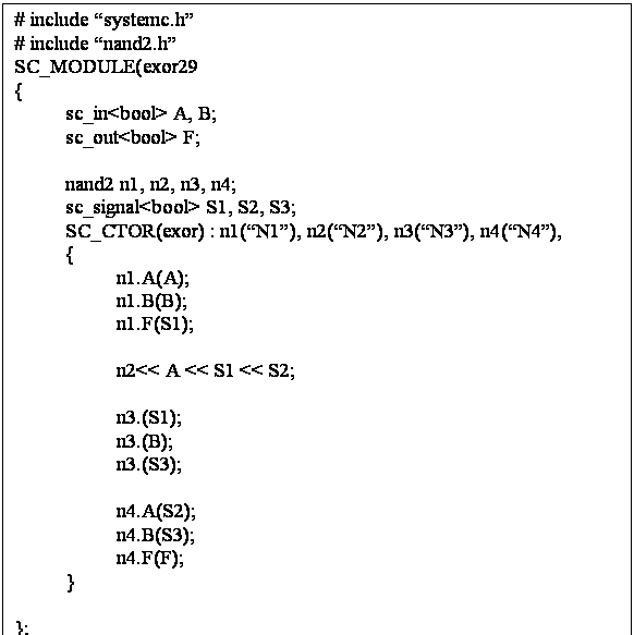 Cuadro de texto: # include �systemc.h�
# include �nand2.h�
SC_MODULE(exor29
{
	sc_in<bool> A, B;
	sc_out<bool> F;
	
	nand2 n1, n2, n3, n4;
 	sc_signal<bool> S1, S2, S3;
SC_CTOR(exor) : n1(�N1�), n2(�N2�), n3(�N3�), n4(�N4�),
{
		n1.A(A);
		n1.B(B);	
n1.F(S1);

n2<< A << S1 << S2;

n3.(S1);
		n3.(B);	
n3.(S3);

n4.A(S2);
		n4.B(S3);	
n4.F(F);
}

};

