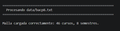 Consola mostrando la carga exitosa de bacp8.txt