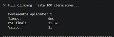 Consola con el resultado de Hill Climbing
