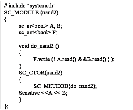 Cuadro de texto: # include systemc.h
SC_MODULE (nand2)
{
	sc_in<bool> A, B;
	sc_out<bool> F;
	
	void do_nand2 ()
	{
		F.write (! A.read() &&B.read() ) );
	}
	SC_CTOR(nand2)
	{ 
		SC_METHOD(do_nand2);
	Sensitive <<A << B;
	}
};
